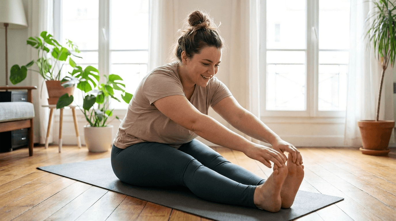 Adult woman stretching on a mat