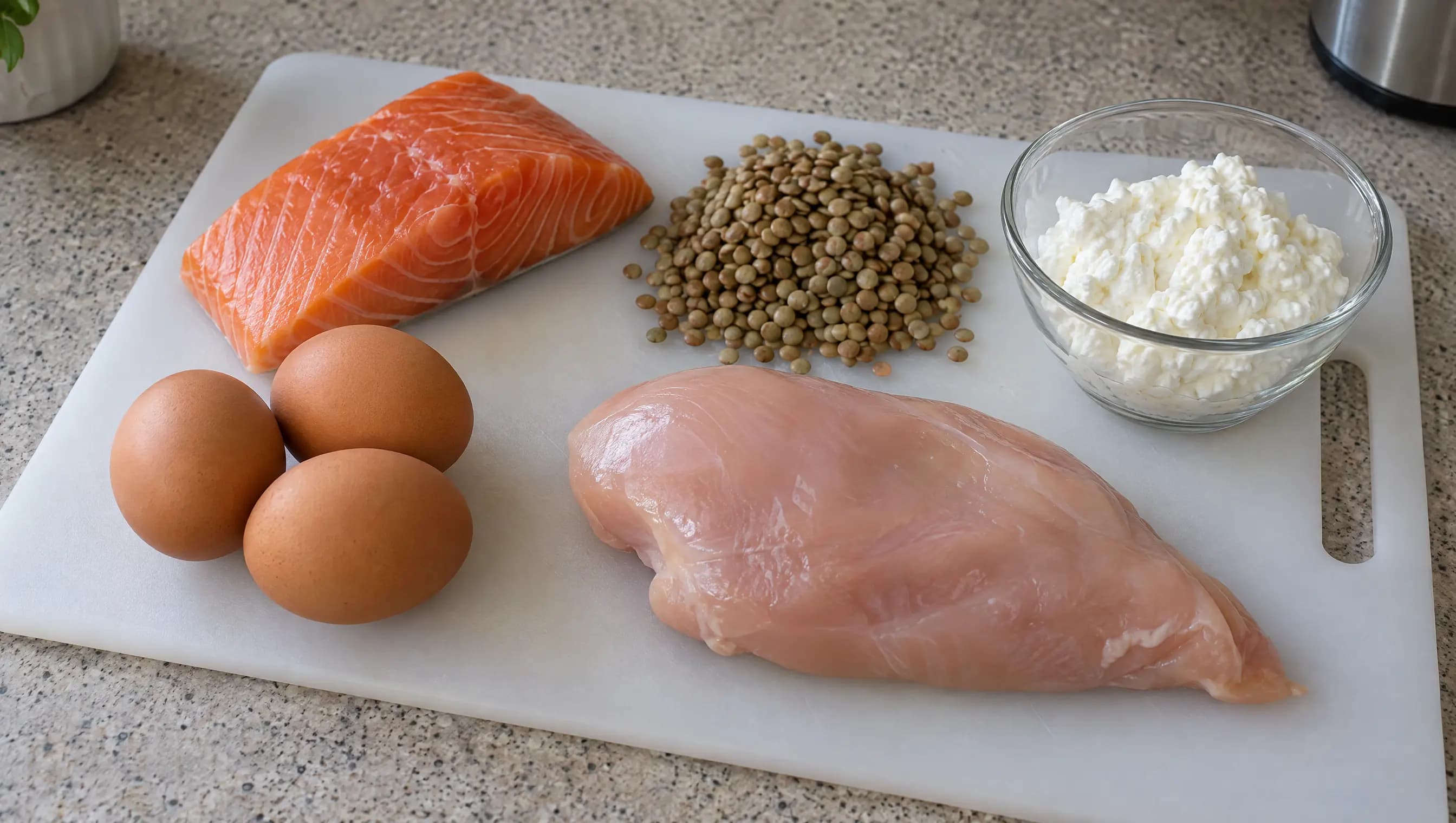 Protein-rich foods on a cutting board: salmon, eggs, lentils, cottage cheese and chicken breast