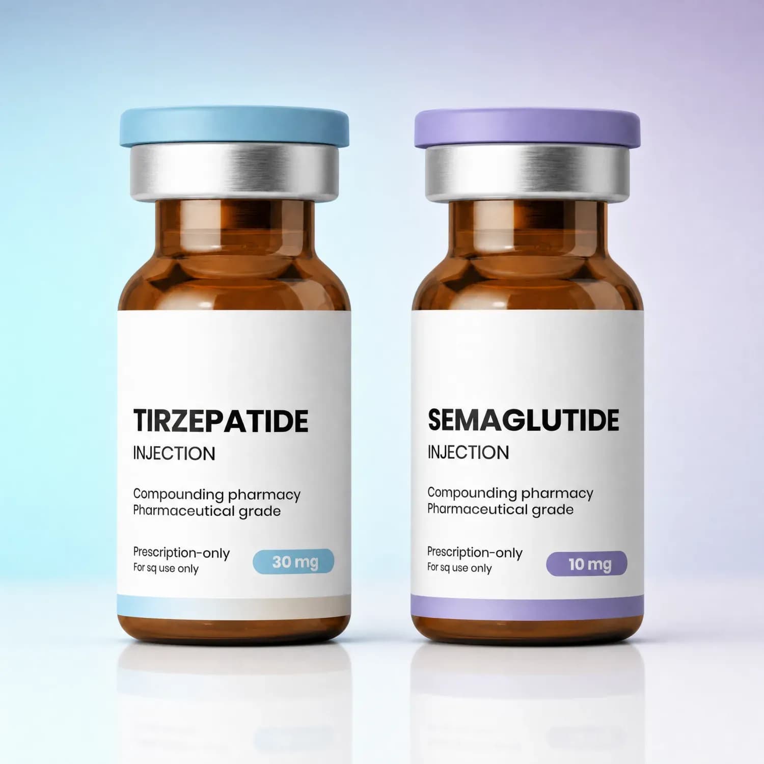 Two pharmaceutical vials, Tirzepatide with a blue cap and Semaglutide with a purple cap.