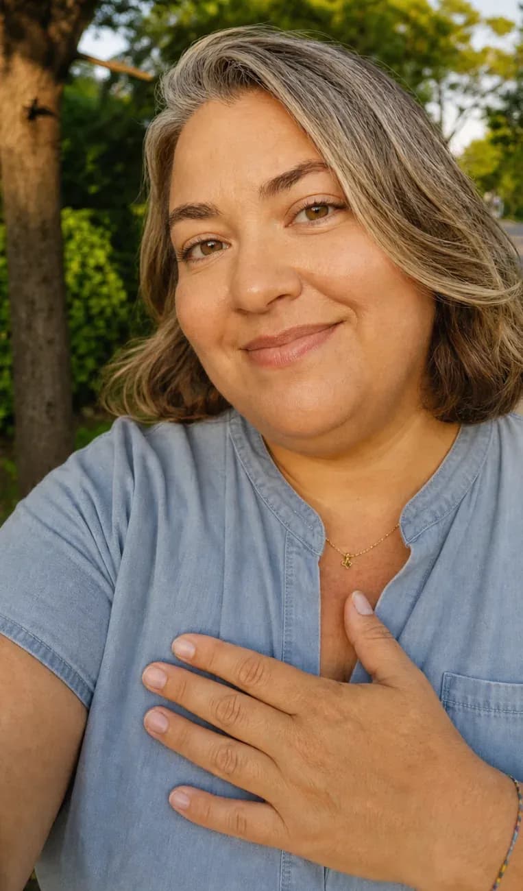 A woman with graying hair and blue shirt smiles, hand on her chest outdoors.